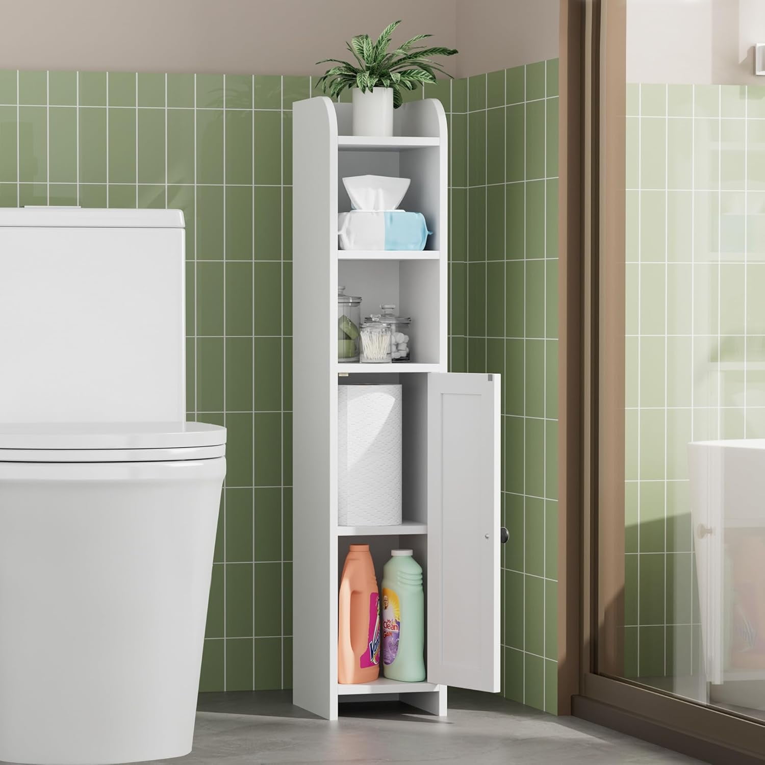 Small Bathroom Storage Corner Floor Cabinet with Door and Shelves, Beside The Toilet Paper Stand for Skinny, Narrow Toilet Paper Cabinet, 7.9" D x 7.1" W x 35.4" H, White