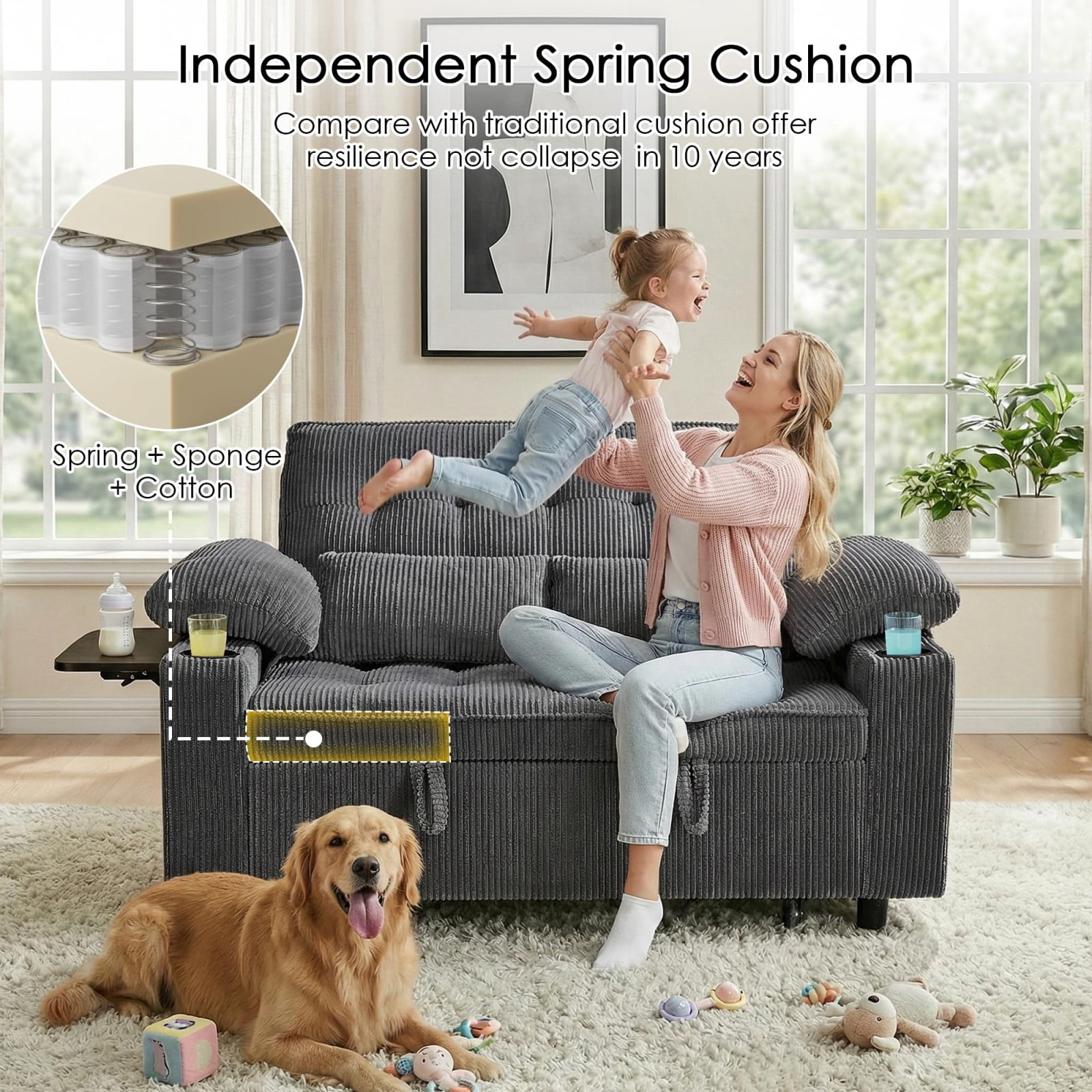 58" Sleeper Sofa Bed, Convertible Pull Out Couch Full Size Loveseat with Corduroy Fabric, USB Charging, Adjustable Backrest for Living Room Apartment Office, Dark Gray