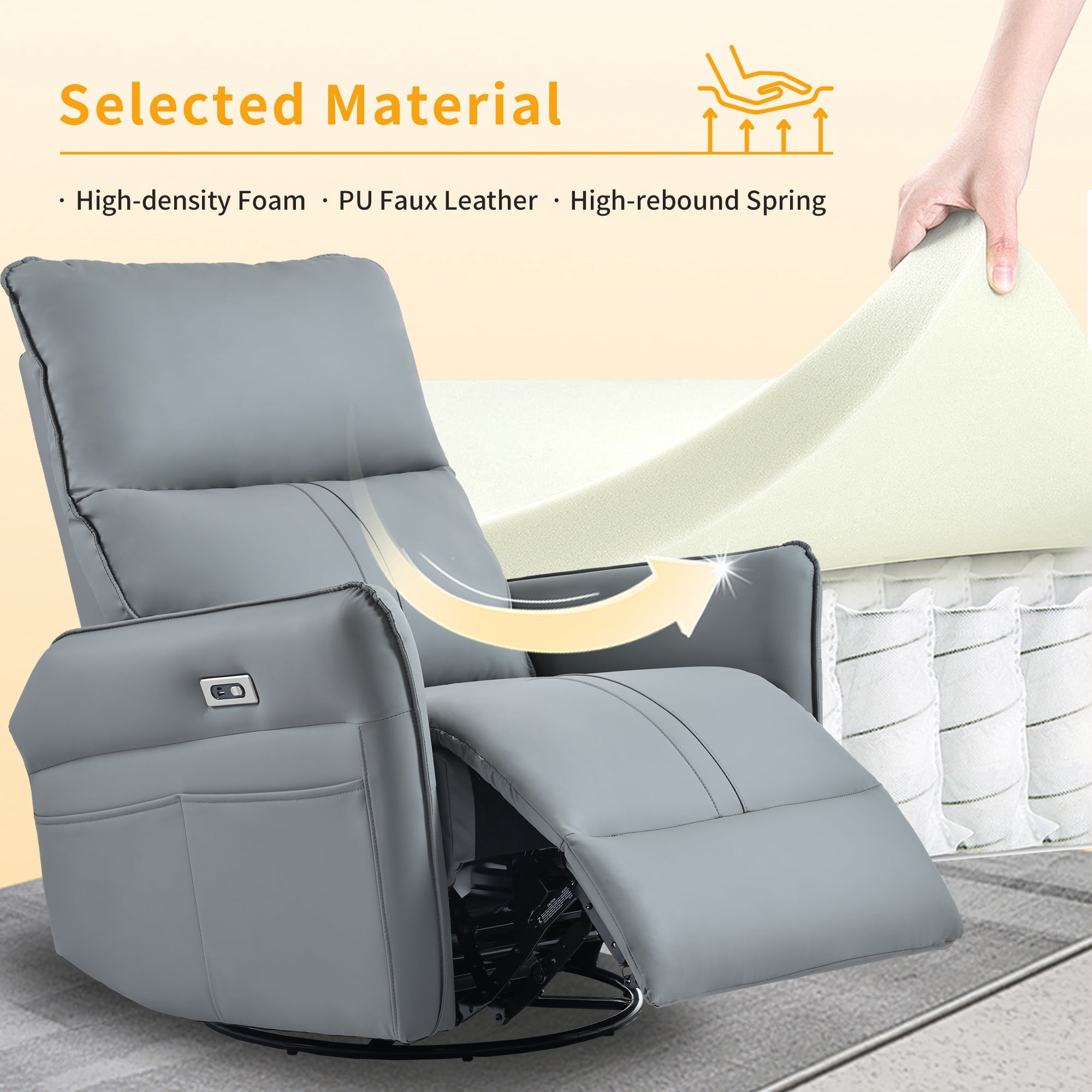 Bellemave Power Swivel Rocker Recliner, 270° Glider Recliner with USB Ports, Overstuffed Faux Leather Rocking Chair for Small Spaces Living Room (Blue Gray)