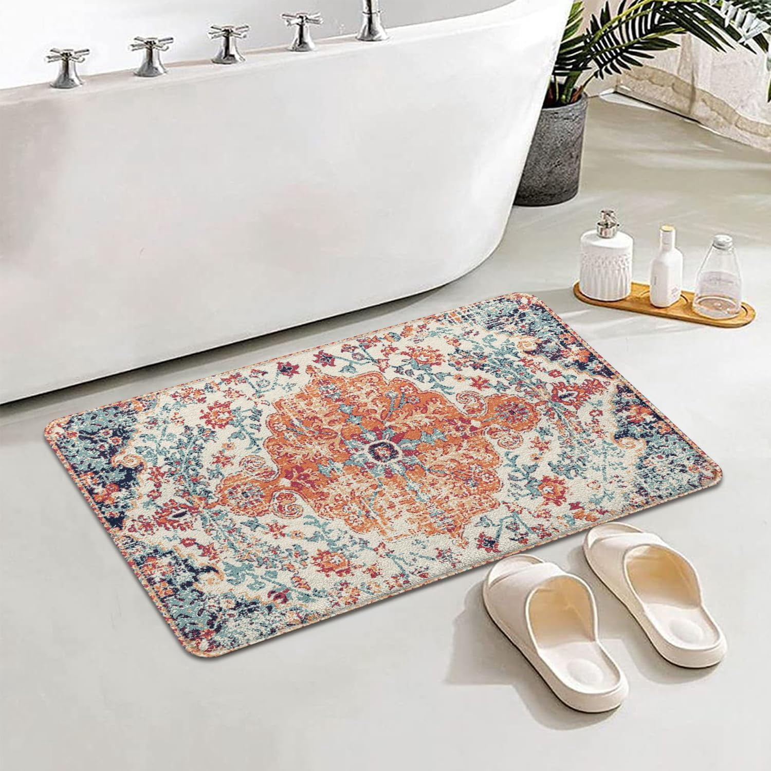 Boho Style Bathroom Rugs Farmhouse Bohemia Bath Mat Non-Slip Water Absorbent Bath Rug Soft Microfiber Floor Mats for Bathroom Tub and Shower Room 17x27 inch Orange