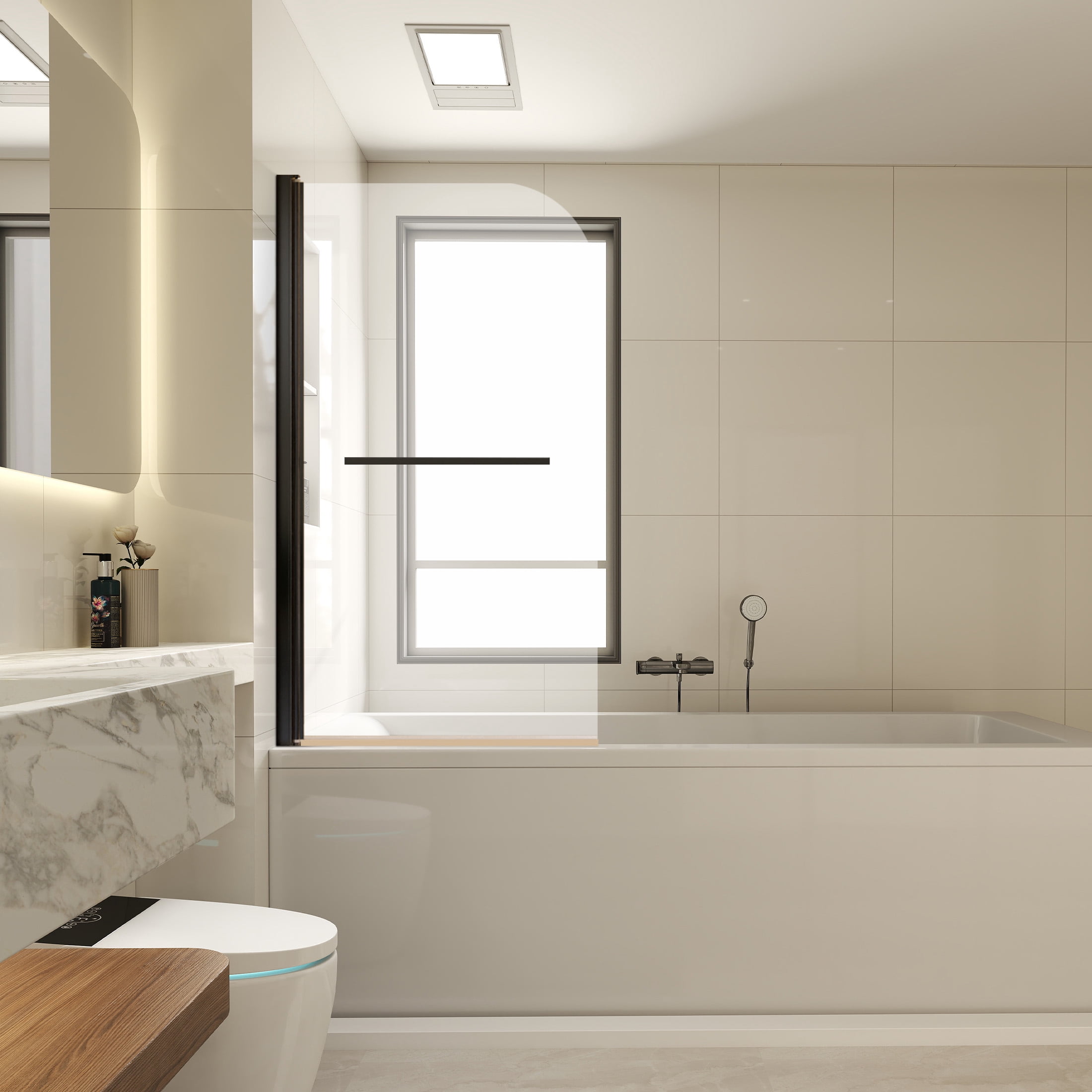 Aukfa 31"W x 55"H Bathtub Shower Doors, 1/4" (6mm) Thick SGCC Tempered Glass Bathtub Door, Black