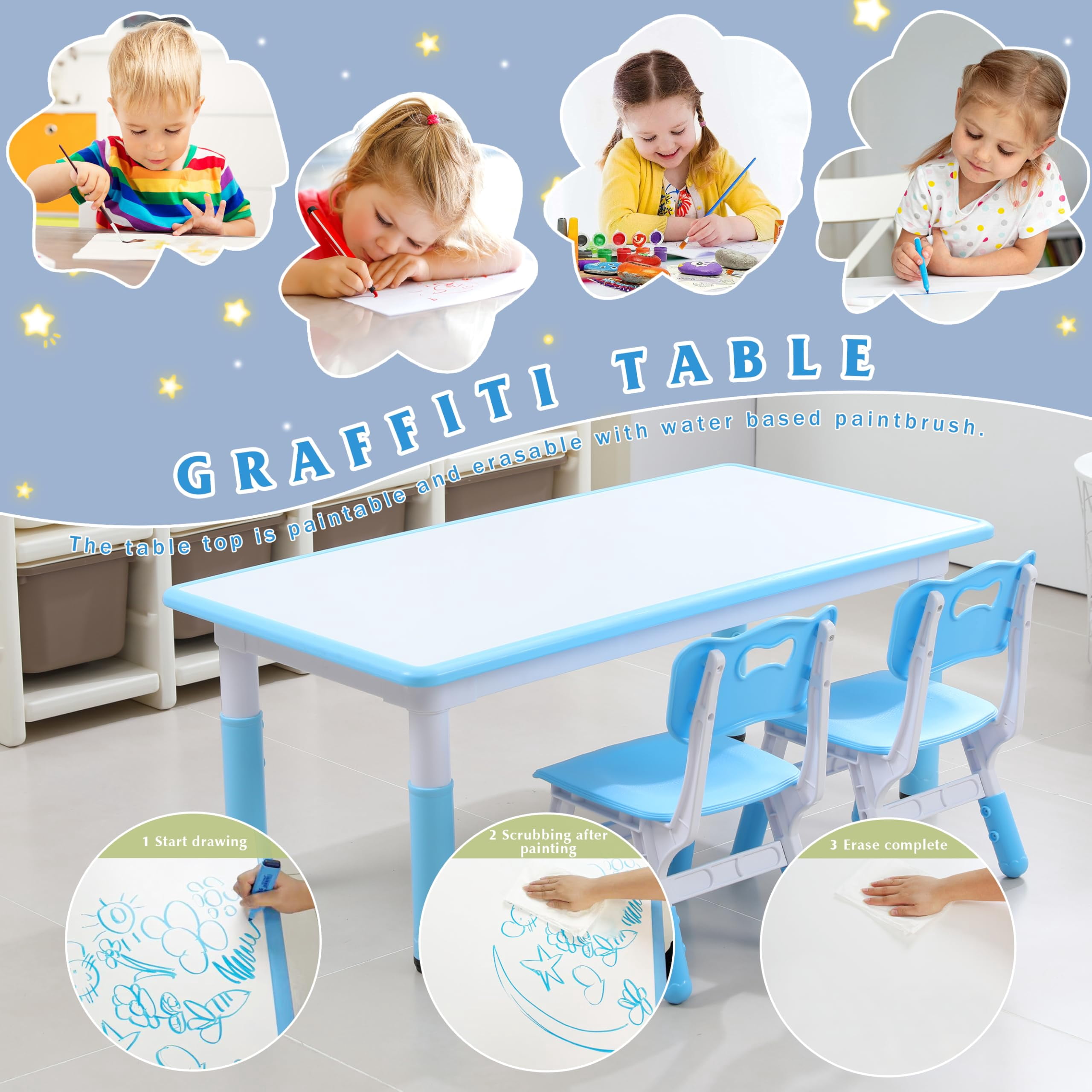 Bibana Kids Table and 6 Chairs Set with Graffiti Desktop, Toddler Furniture Set, Non-Slip, Table Children Study Desk, Dining Table, Height Adjustable Desk, Painting Desktop for Kids
