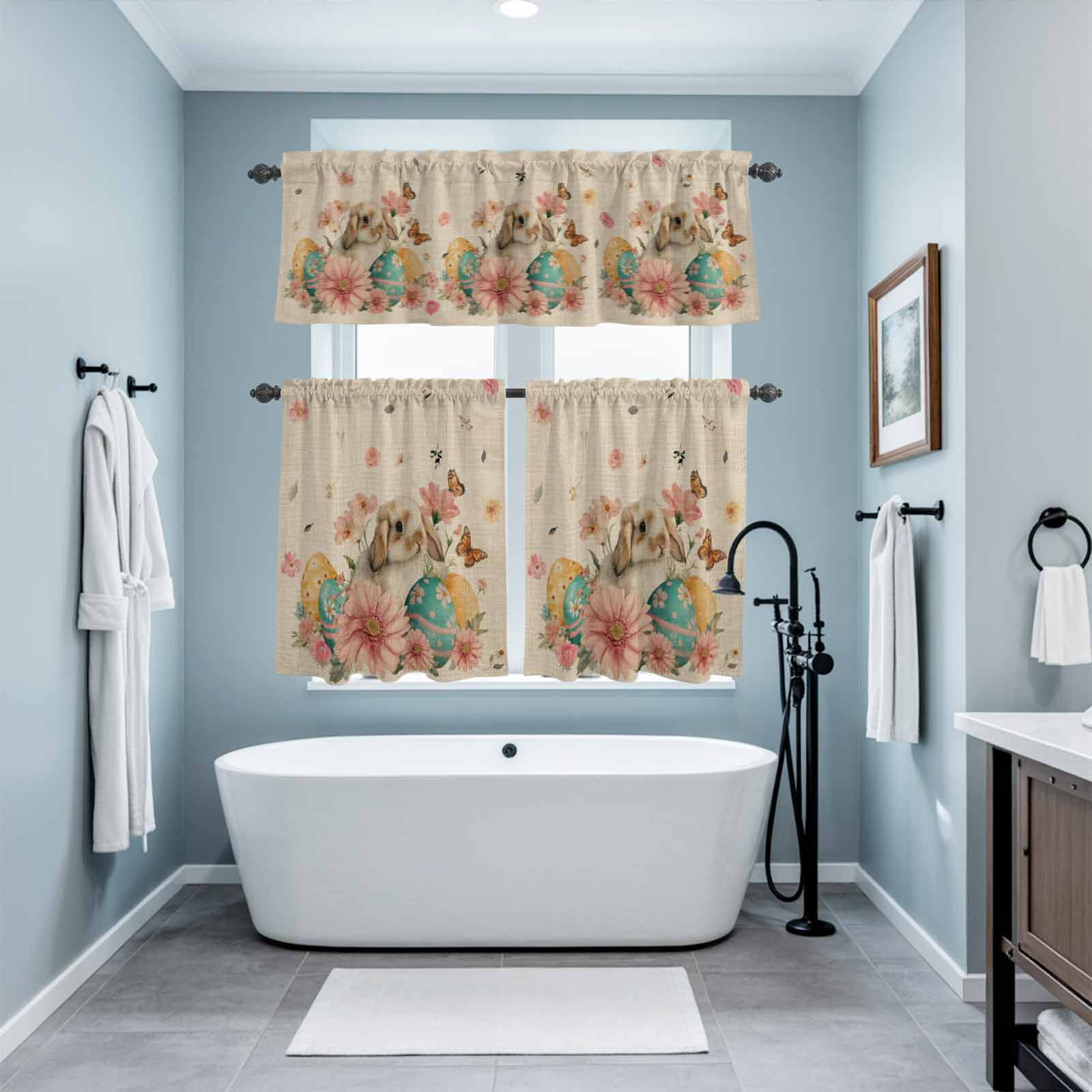 Easter Rabbit Kitchen Curtains Valances 3 Piece Set, Watercolor Eggs Pink Floral Butterfly Linen Texture Rod Pocket Tier Curtain and Valance Drapes for Small Window 24 Inch Length for Bedroom Cafe