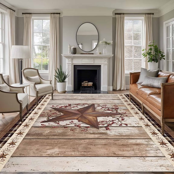 Texas Star Vintage Area Rugs 8'x10', Washable Small Throw Rugs for Living Room Patio, Brown Retro Art Red Berry Wooden Indoor Outdoor Rug Non-Slip Low Pile Carpet Runner Reversible Floor Mats