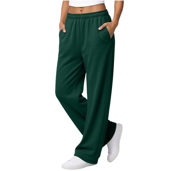 Yungyresw Straight Leg Sweatpants Womens Wide Leg Baggy Casual Athletic Pants Elastic Waist Solid Color Trendy Fall Clothes Dark Green L