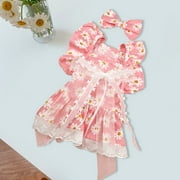 opvise Bow Hairpin Floral Print Elegant Outfit Breathable Casual Wear Bow-knot Lace Princess Dress Pet Cat Two-legged Clothing Puppy Costume Pink