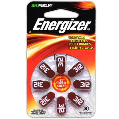 Zinc Air Hearing Aid Batteries Energizer EZ Turn & Lock + Power Seal Zinc Air Hearing Aid Batteries, 1.4V, Mercury-free, Size 312, Pack of 8 ()