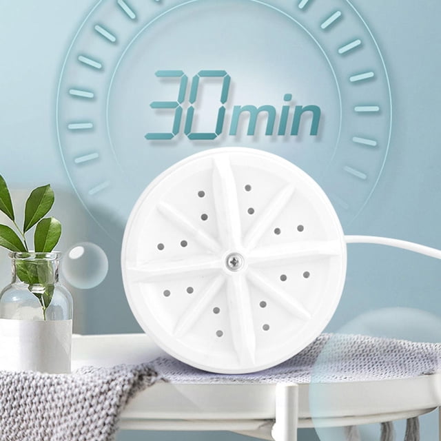 mini lavadora portátil, lavadora recargable usb, mini lavavajillas para lavandería, hogar, negocios, apartamento, viajes baoblaze minilavadora muestra unidad blanca circular con aspas radiales y perforaciones, cable USB visible; vista cenital sobre mesa con fondo azul y marcador "30 min"; adecuada para ropa ligera y uso en viajes y apartamentos.