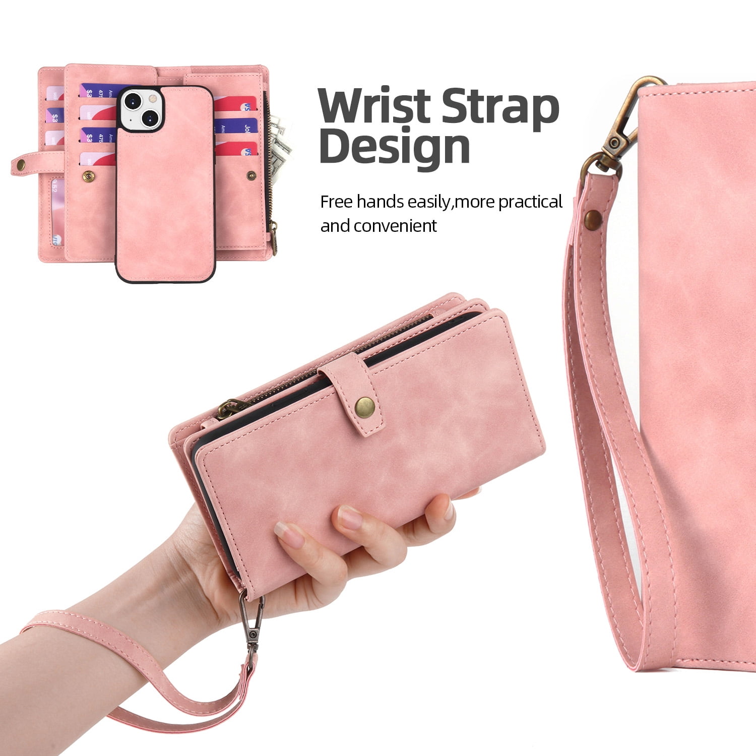 Dteck for iPhone 14 Plus Case, iPhone 14 Plus Case Wallet for Women Men, Durable PU Leather Magnetic Flip Lanyard Strap Wristlet Zipper Card Holder Phone Cases for iPhone 14 Plsu 6.7 Inch,Pink