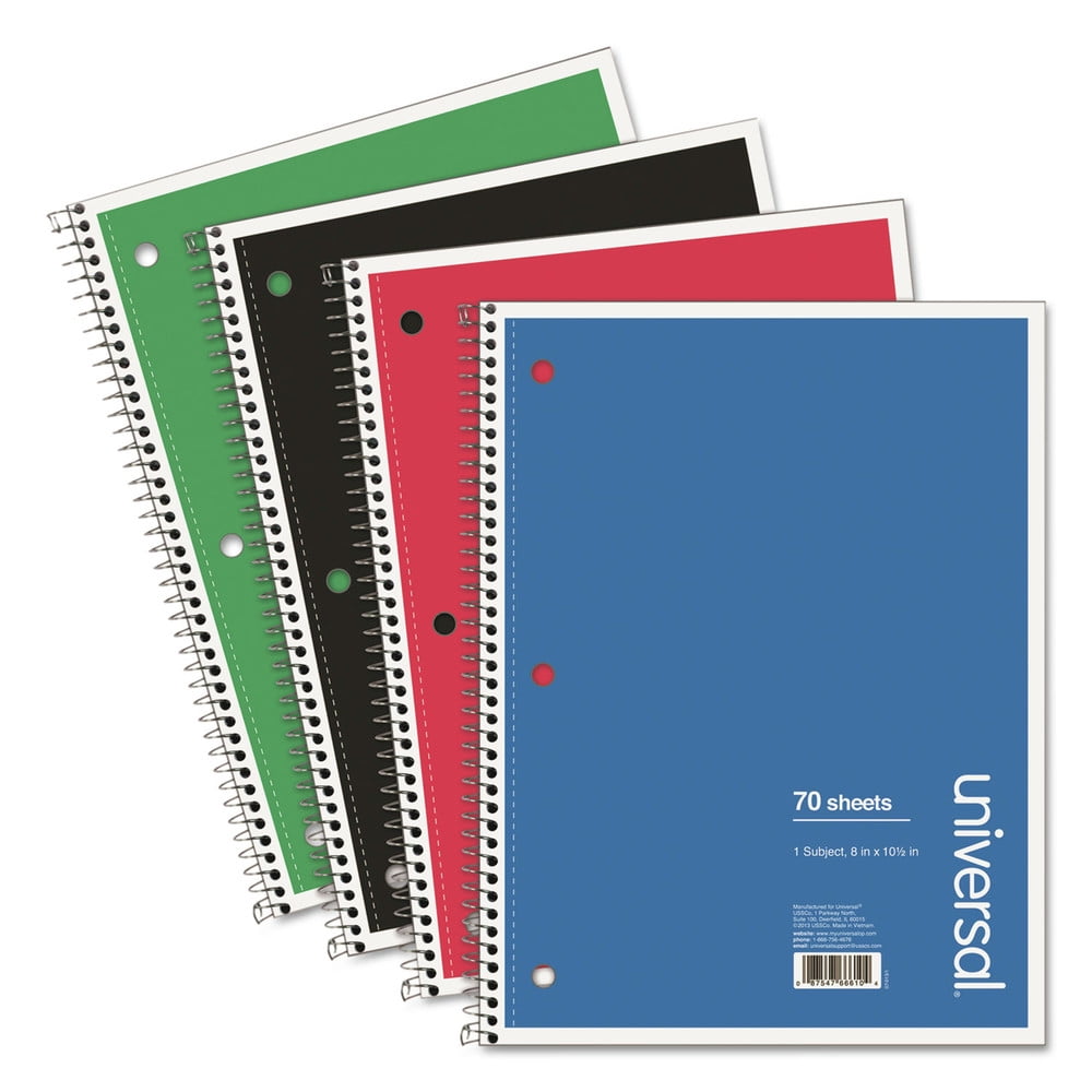 Universal UNV66624 10.5 in. x 8 in., 70 Sheets, 1 Subject, Wide/Legal Rule, Wirebound Notebook - Assorted Colors (4/Pack)