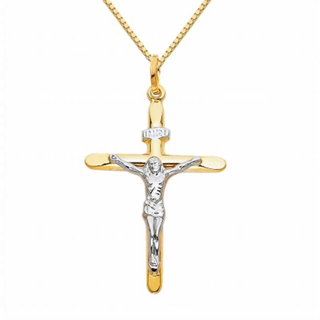 Precious Stars Jewelry 14k Two-tone Gold Crucifix Religious Pendant with 1-mm Box Chain