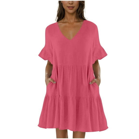 Diufon Womens Summer Casual Dresses Cute V Neck Mini Dress with Pockets Ruffle Short Sleeve Shirt Dress