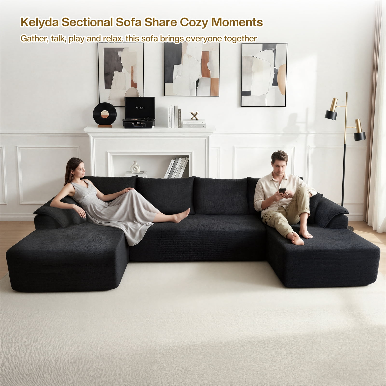 Kelyda 130'' Boneless Sectional Couch, Modern Chenille U Shaped Modular Cloud for Living Room Dark Grey