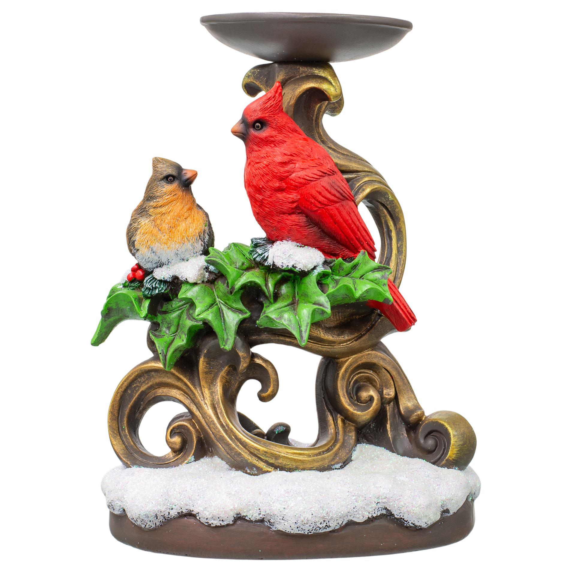 Holly with Cardinal Votive Candle Holder Gold Scroll