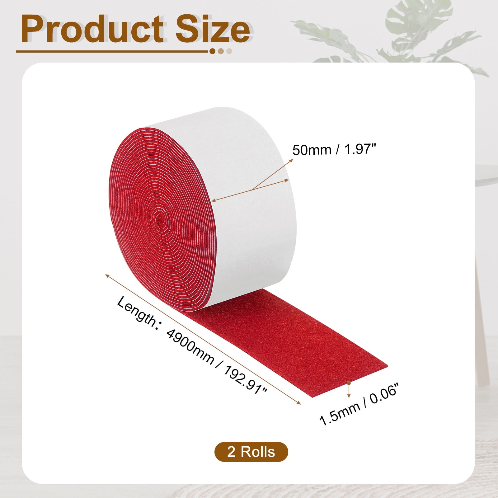 Felt Strips with Adhesive Backing, 2 Pack 2" x 193" x 0.06" Adhesive Felt Strips Anti Scratch Furniture Felt Tapes Self-Stick Felt Pads for Protecting Hardwood Floor, Red