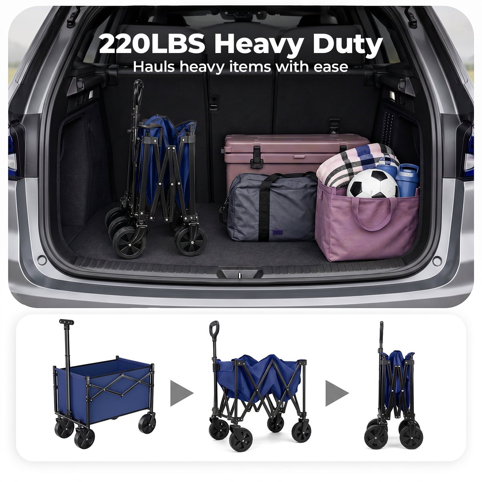 Alvantor Folding Wagon Cart, 220LBS Heavy Duty Collapsible Utility Cart with All-Terrain Wheels & Brake, Portable Outdoor Wagon for Camping Garden Beach Shopping Grocery