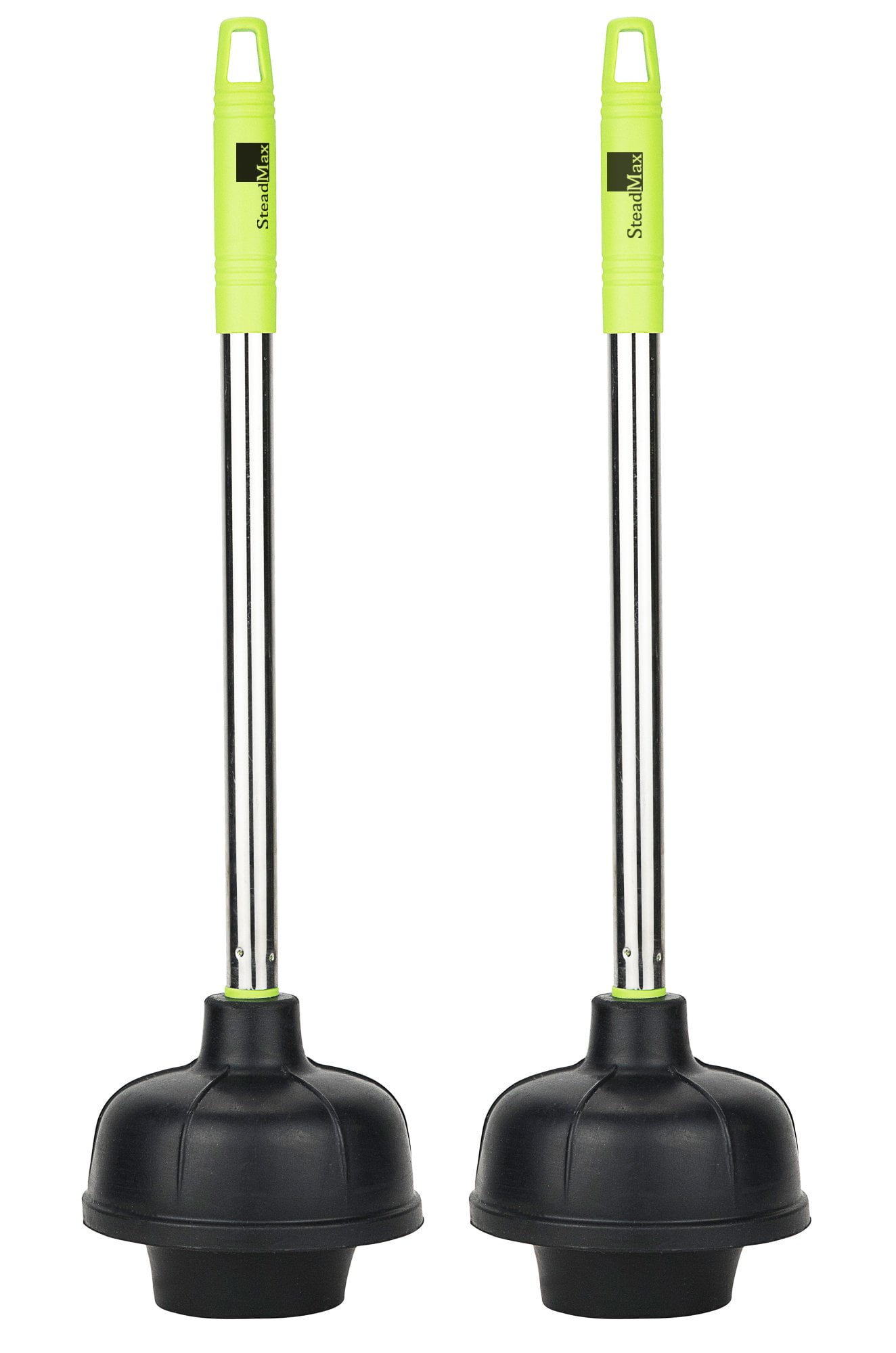 SteadMax Toilet Plunger, Double Thrust Force Suction Cup, Stainless Steel with Green Handle (2 Pack)