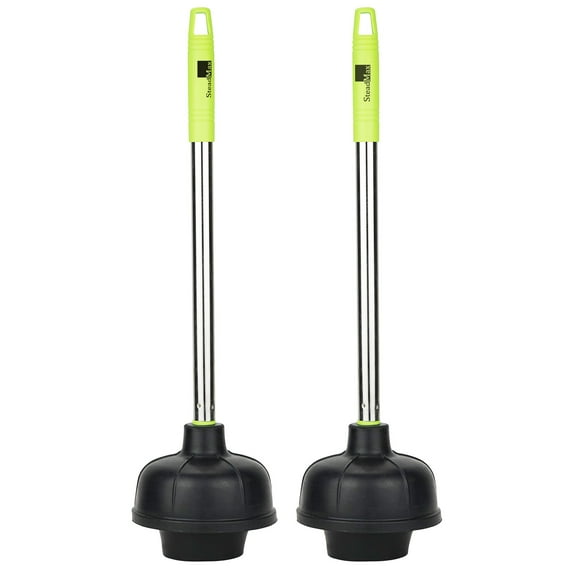 steadmax Rubber Toilet Plunger, Double Thrust Suction Cup, Stainless Steel Handle, 2 Pack