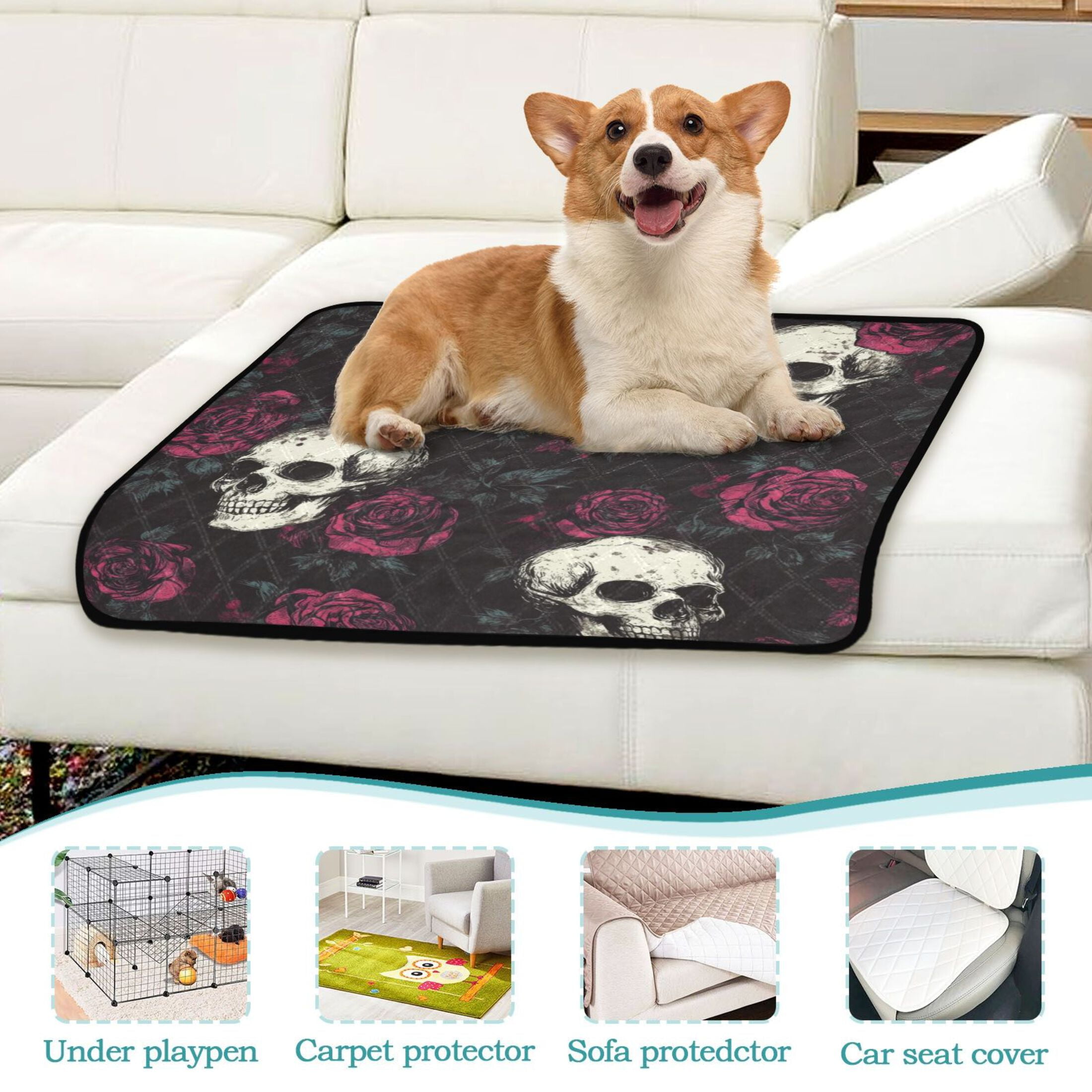 Qxltty Skull Burgundy Roses Pattern Cat litter Pads Pet Set of 3 Diaper Mats Center Anti-leakage Layer Absorbent Soft and Comfortable