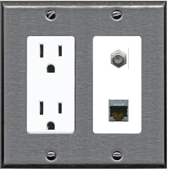 RiteAV - 15 Amp Power Outlet and 1 Port Coax Cable TV- F-Type and 1 Port Shielded Cat6 Ethernet Decorative Type Wall Plate - Stainless Steel/White