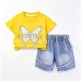 thumbnail image 4 of Hrsba Cute Little Girl Outfits Short Sleeve Crew Neck Tee And Elastic Waist Pearl Decor Denim Shorts Two Piece Set, 4 of 6