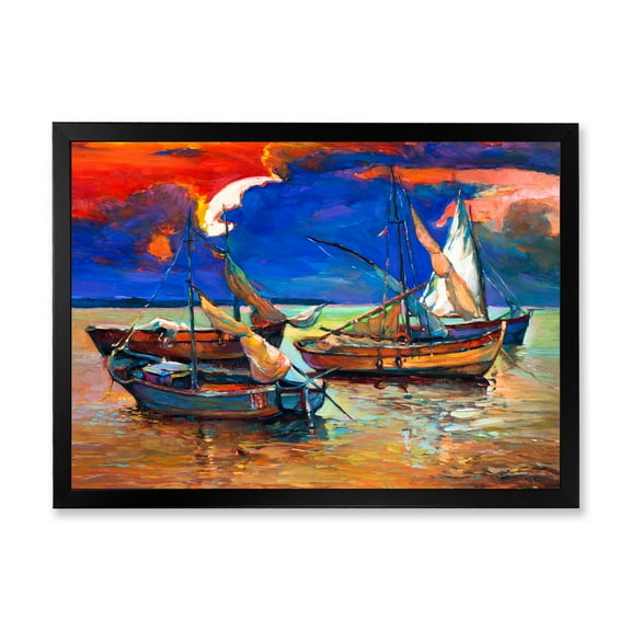 Designart 'Boats On The Water With Dark Blue Sky I' Lake House Framed Art Print