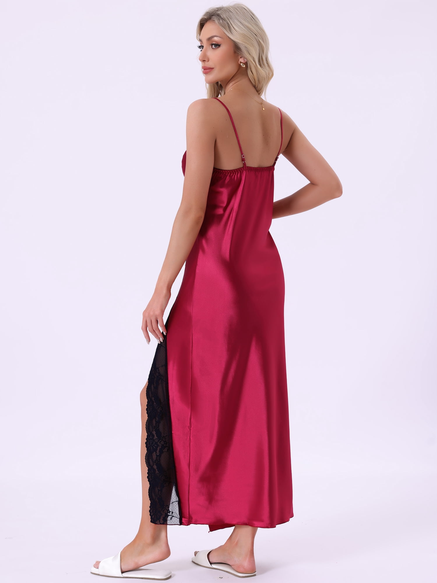 DARING DIVA Women's Long Satin Lace Slit Slip Lingerie V Neck Silky Chemise S Red