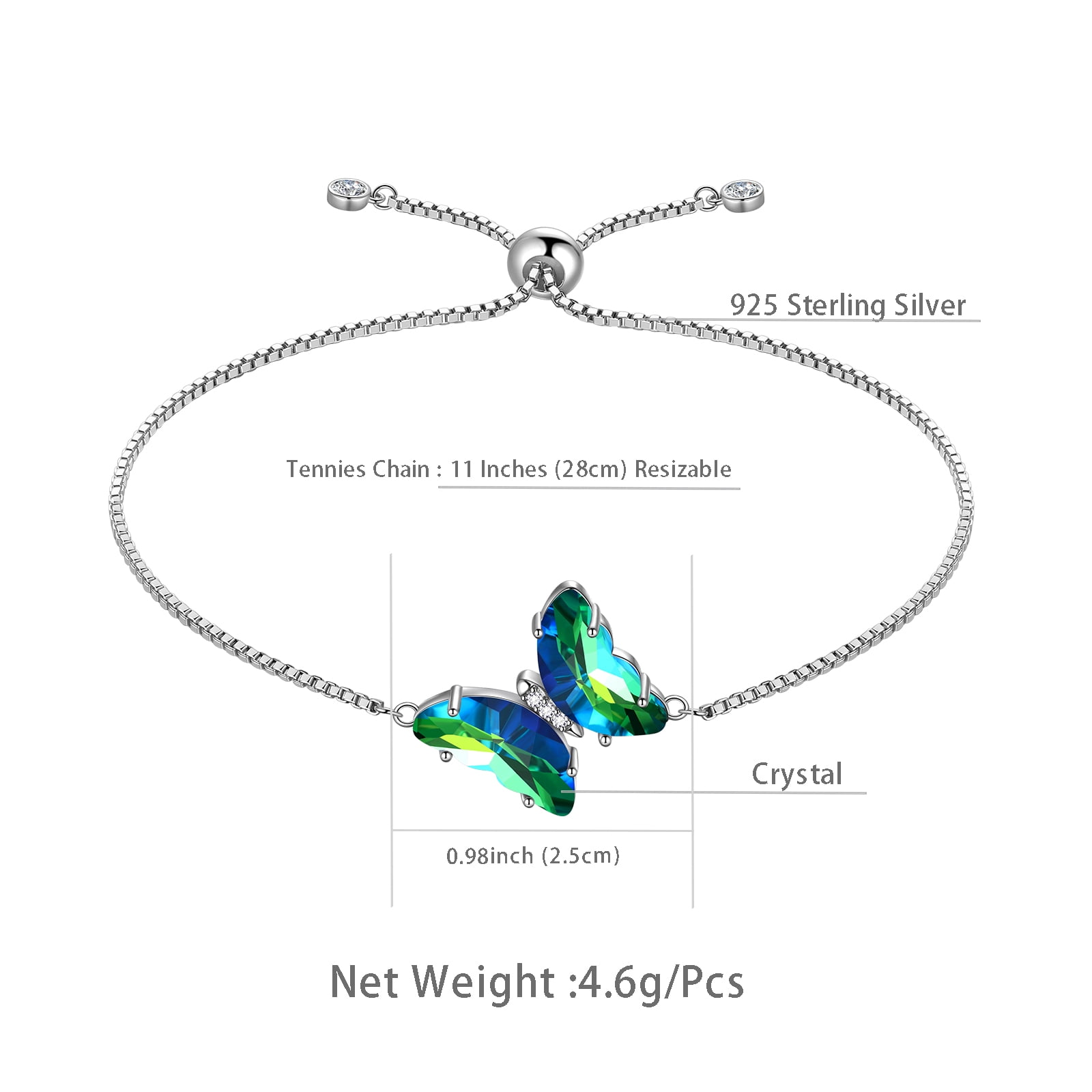 925 Sterling Silver Green Butterfly Bracelet Emerald May Birthstone Bracelets Jewelry Crystal Women Birthday Mother's Day Gifts Juwaliy