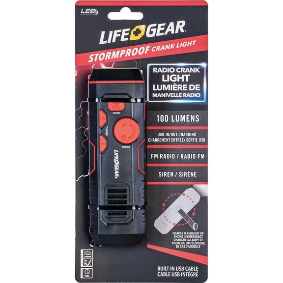 Life Gear Stormproof USB Crank Flashlight Radio - 120 Lumen, Water-Resistant, LED, Red