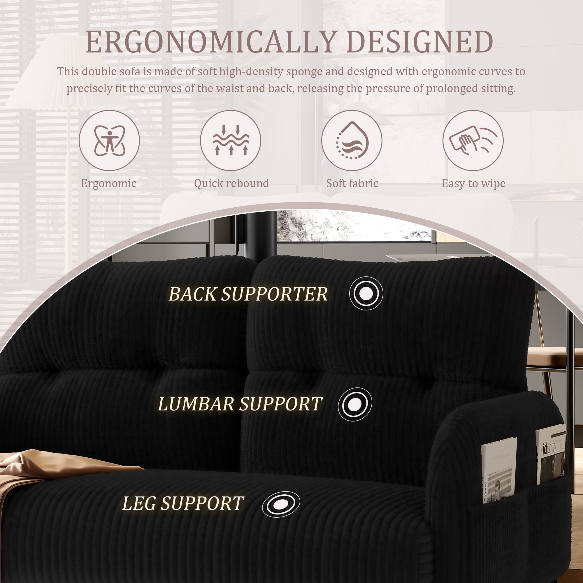 47" Small Loveseat Sofa Couch for Small Spaces,Corduroy Upholstered 2-Seater Love Seats for Apartment, Bedroom,Office,Black