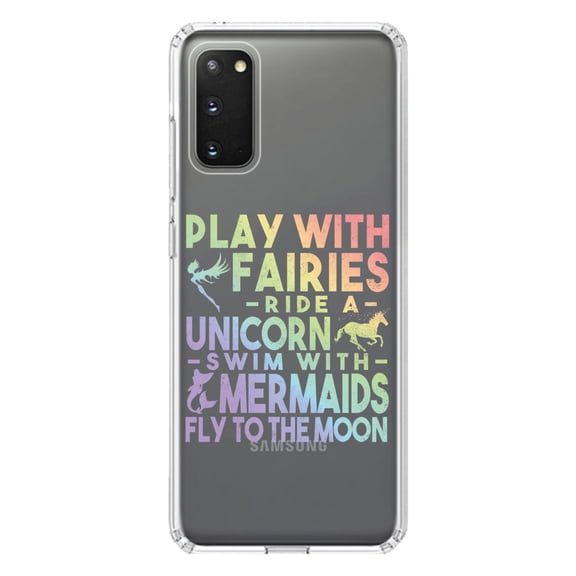 DistinctInk Clear Shockproof Hybrid Case for Galaxy S20 ULTRA / 5G (6.9" Screen) - TPU Bumper Acrylic Back Tempered Glass Screen Protector - Play With Fairs Ride Unicorn Mermaids Moon
