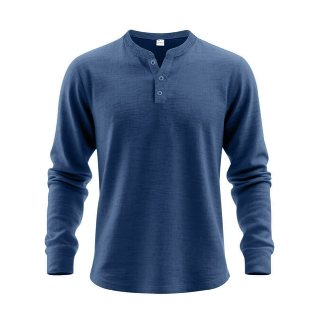 Wdfiry Men's Tops Solid Color Loose Plus Size Henley Tshirt Comfortable Fall Button Crewneck Long Sleeve Undershirts