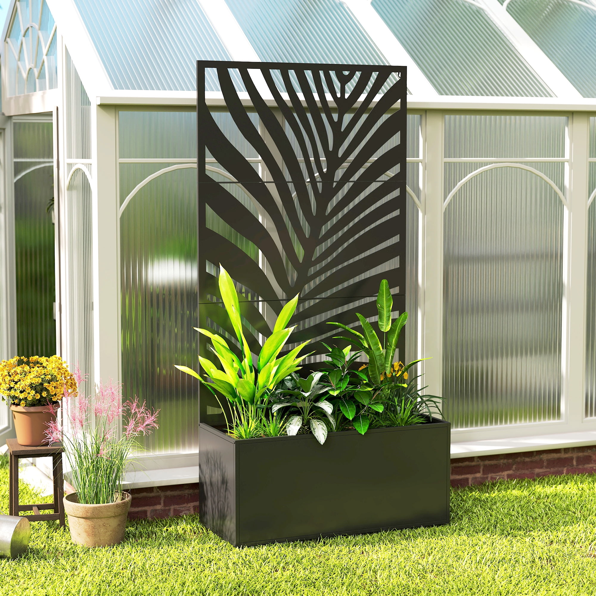 Outsunny Metal Planter Box with Trellis, Raised Garden Bed with Privacy Screen for Climbing Plants, Leaf Cut-Out Privacy Planter