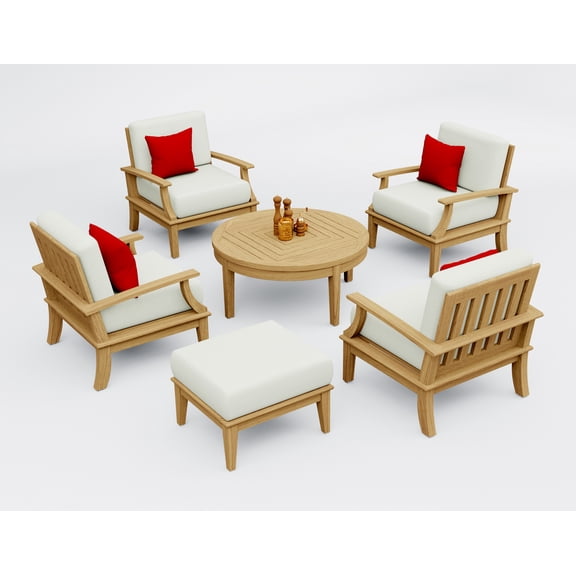 Somer Teak Wood 6 Pc Lounge Chair Set: 4 Lounge Chairs, Ottoman & Round Coffee Table With Cushions in Outdoor Sunbrella Fabric #5404 Canvas Natural