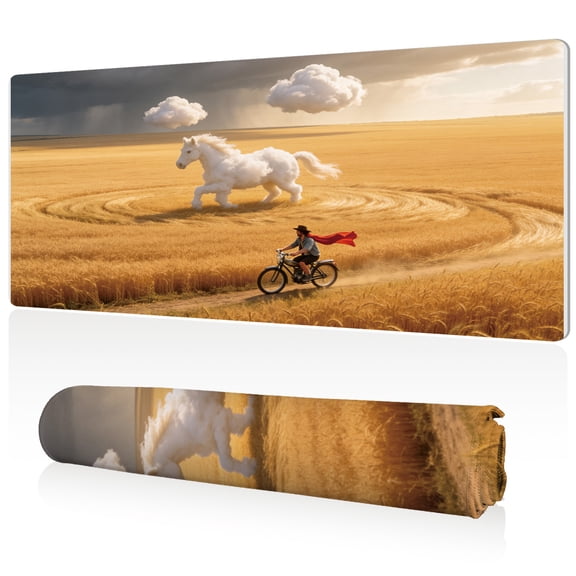 LIVEKEY XL Mouse Pad 80x40x0.3cm Cloud Horse Cyclist in Golden Field Design Full Desk Coverage Non Slip Durable Easy Clean Stitched Edges for Gaming and Office