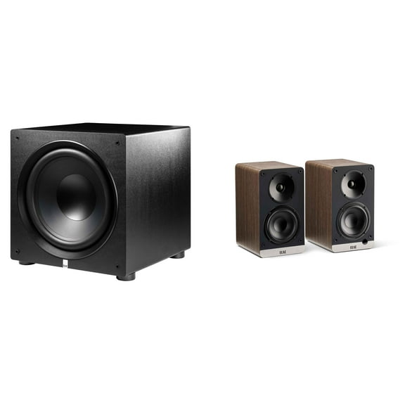Elac DCB41-WN - Debut ConneX 4.5" Powered Speakers - Walnut, Pair and Elac PS500-BK - Varro Premium 15" 500 Watt Powered Subwoofer with Auto-EQ
