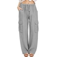 thumbnail image 5 of Danhjin Linen Cargo Pants For Women Spring Summer Casual Elastic Waisted Drawstring Loose Straight Leg Comfy Pants Stretch Pants With Pockets, 5 of 6