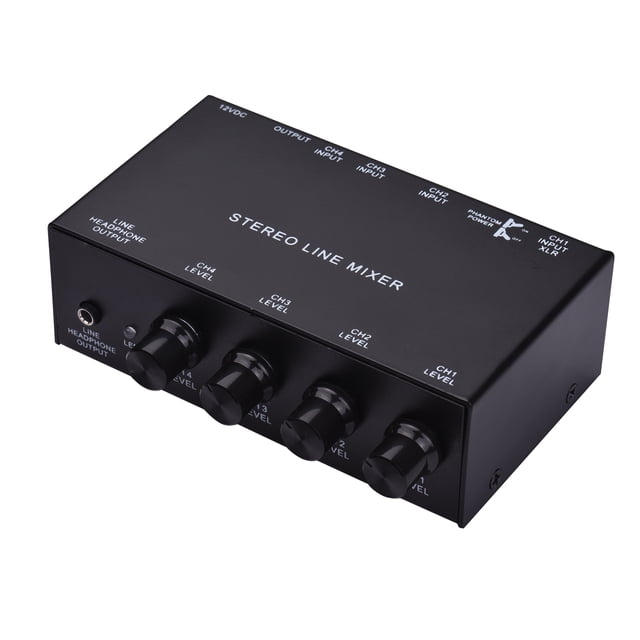 Mezclador de audio mini Muslady MX500, 4 canales, entrada estéreo, micrófono dinámico, calidad profesional, compacto y potente, adaptador DC 12V incluido. Pedido mínimo: 5 unidades.