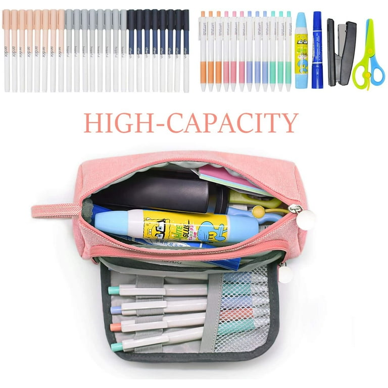 Mokani Pencil Pouch, Big Capacity Pencil Pen Case with Handle, Canvas Bag Stationery Boxl, Pink