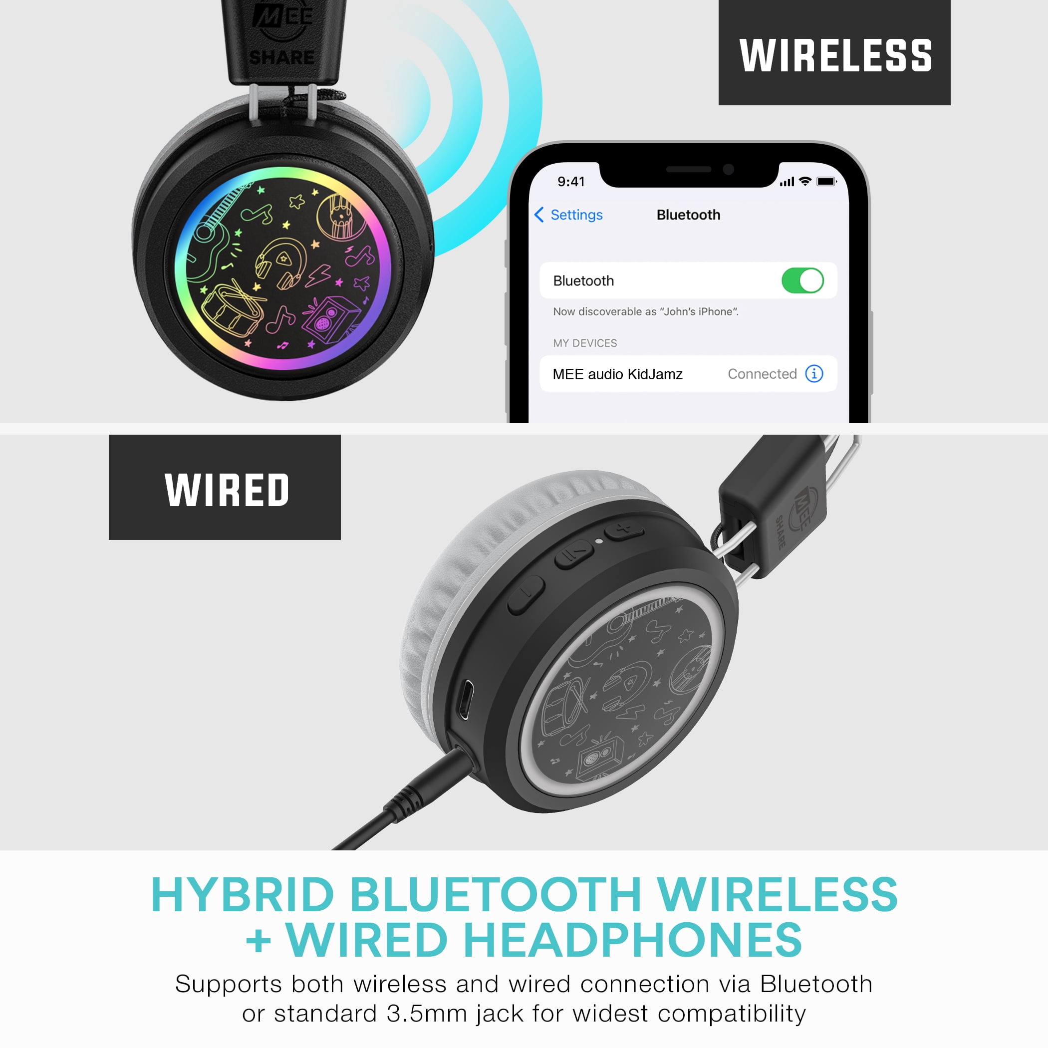 MEE audio 2-Pack of KidJamz Bluetooth Wireless Headphones for Kids w/ Multipoint, LED Lights, 40h battery; Mic; Children's Headset for School/Classroom/Online Learning (KJ55BT-S, 2 PACK)