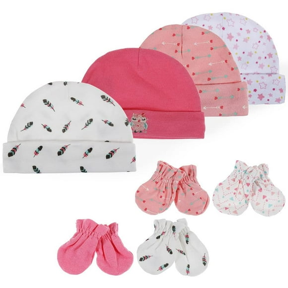4 PCS Newborn Baby Caps Hats & 4 Pairs Newborn No Scratch Mittens Glove