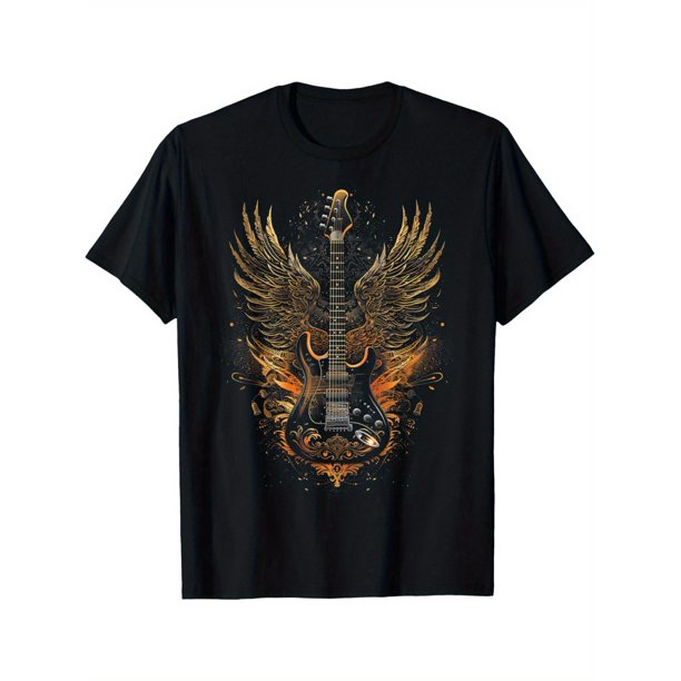 Men's Rock & Roll Wings Guitar Graphic T-Shirt - Bold Music Design, 100% Black Cotton, Casual Loose Fit, Machine Washable - Perfect for All Seasons, Casual Sporty Tee, Summer Gifts