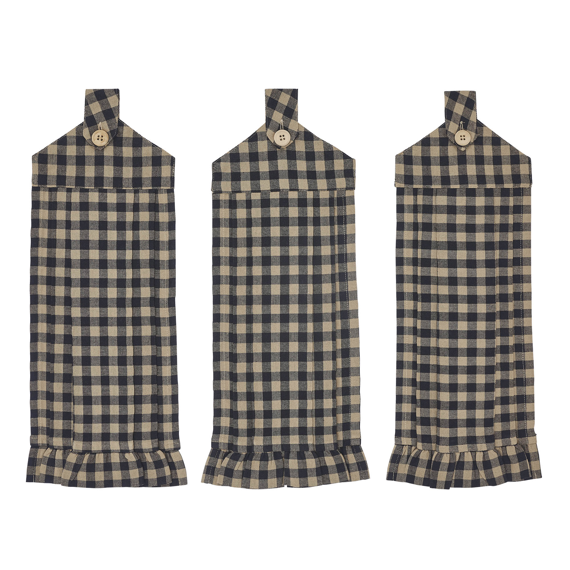 VHC Brands Cotton Black Check Button Loop Kitchen Towel Set of 3, Hanging Kitchen Towel, Pleated, Bath, Kitchen, Black Check Collection, Rectangle 21x7, Country Black