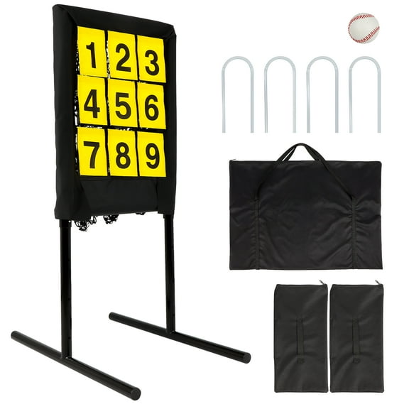 Heavy Duty 9 Hole Pitching Net with Strike Zone, Baseball/Softball Pitching Net with Removable Digital Targets，Baseball, Sandbags, carry bag,  Adjustable Pitcher Training Equipment (Black)
