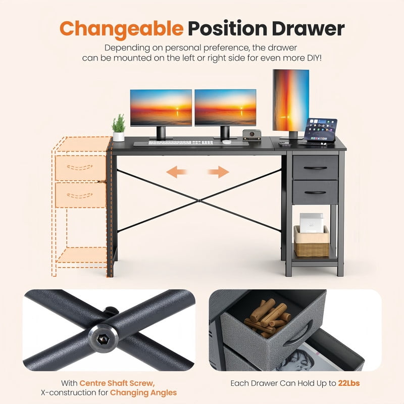 Kelno 47 Inch Computer Desk with 2 Fabric Drawers Home Office Work Table with Side Hook Adjustable Storage Shelf, Black