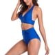 thumbnail image 4 of Traje de baño de bikini para mujer, traje de baño de talle alto de dos piezas de moda de color puro para fiesta en la piscina en la playa, azul XXL, 4 of 5