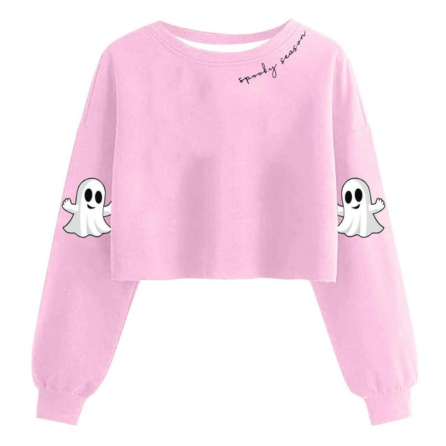 Lcziwo Halloween Chandail pour Femmes Court Saison Effrayante Fantôme Graphique Chandail à Manches Longues Lanterne Col Rond Hauts Tenues Mode Automne 2025 Rose,TG