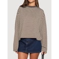 thumbnail image 4 of Women'S Striped Long Sleeve Shirts Drop Shoulder Sweatshirt Crewneck Color Block Pullover Tops Dark Brown S, 4 of 5
