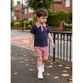 thumbnail image 5 of BemeyourBBs Toddler Baby Boy Back to School Outfit Kids Kindergarten Outfits Little Baby Boy Summer Clothes Short Sleeve Apple in Truck Embroidery Collar Shirt Tops with Plaid Pockets Shorts 2Pcs Set, 5 of 9