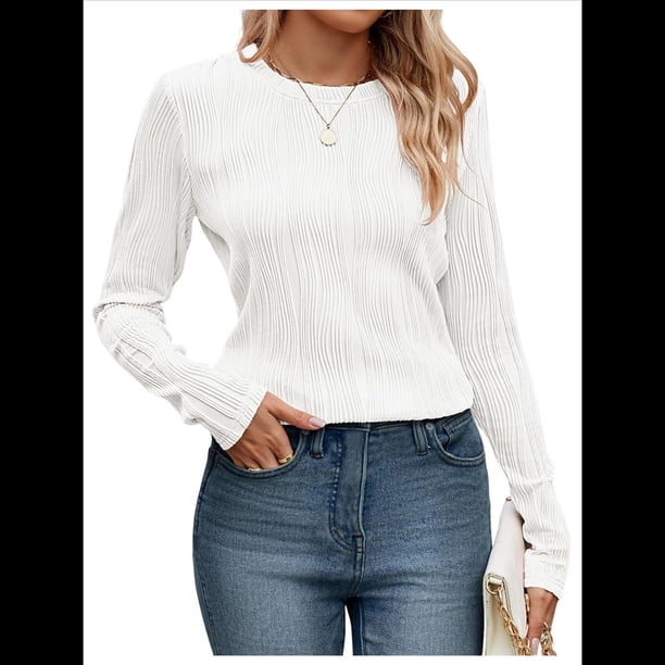 Camisetas de Larga para Mujer, Blusa Informal Holgada de Punto Acanalado con Cuello Redondo, Jersey de Moda para Otoño. L